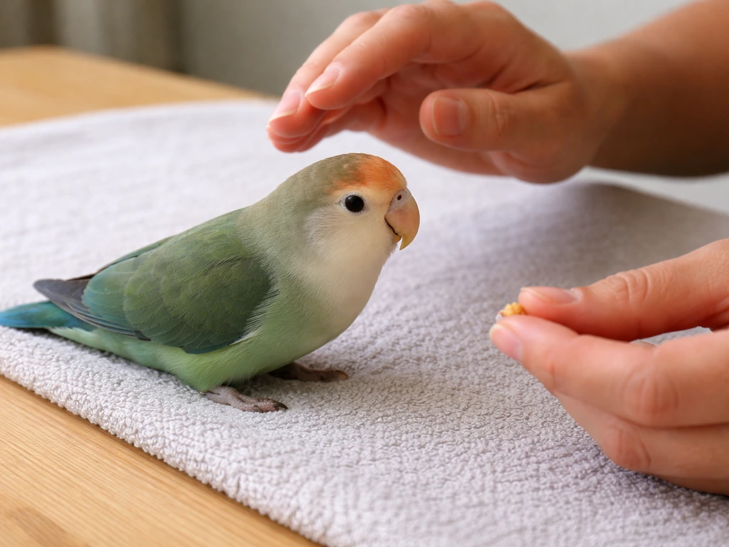 Close-up of hands cueing and offering treats to a small bird on a flat training surface.