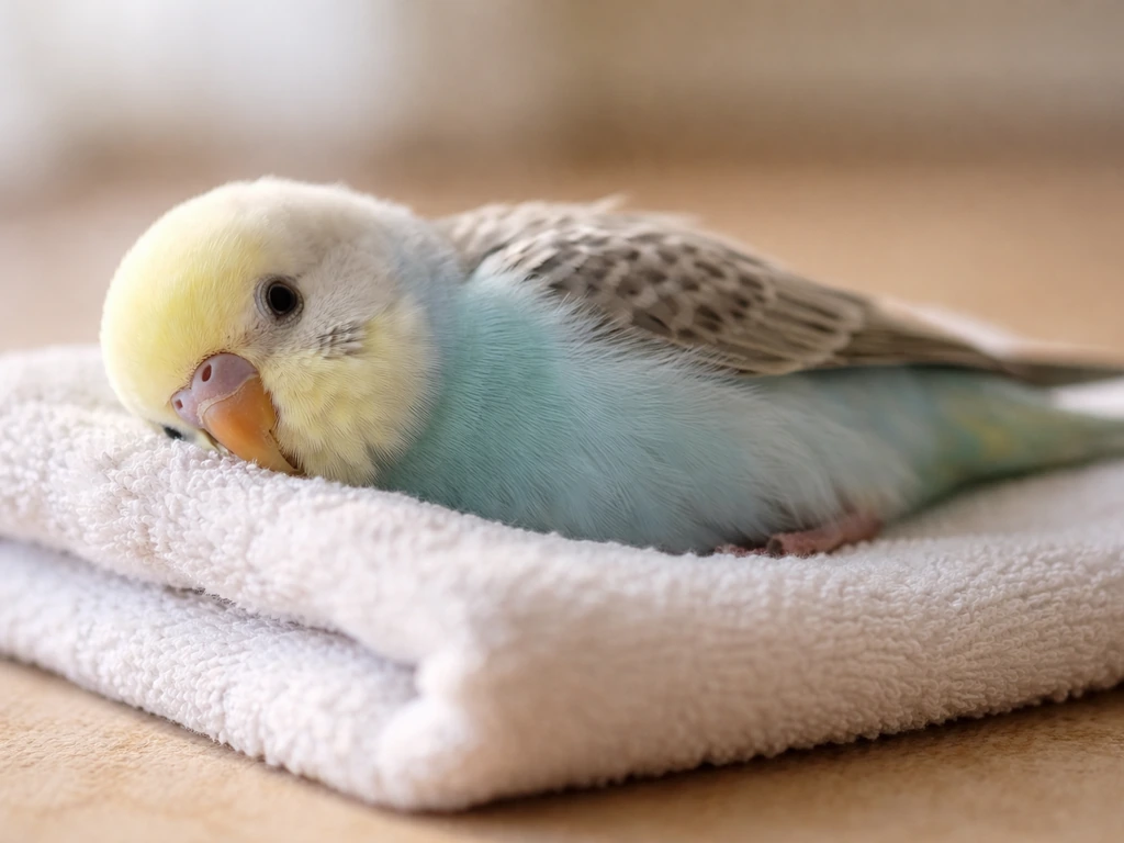Small pet bird lying on its side on a towel, one shoulder resting, calm and relaxed.