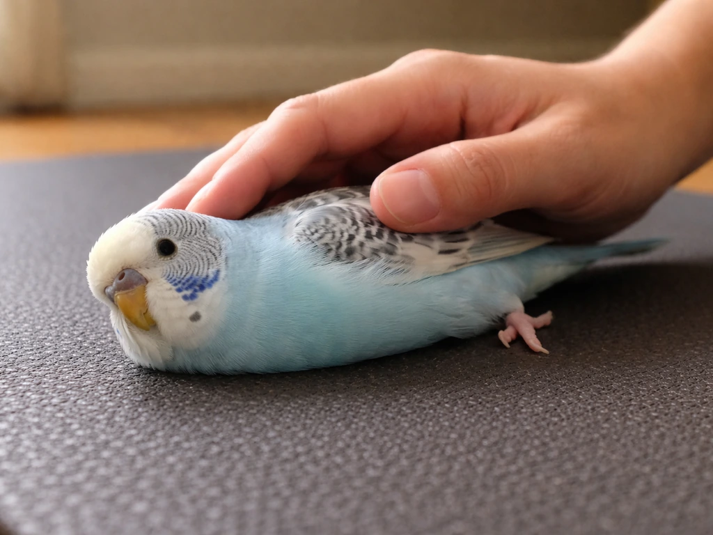 A small bird resting on a non-slip mat while a hand gently supports it to slow back down.