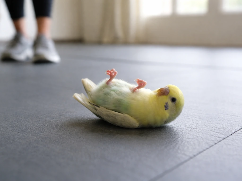 Small training bird rolling over on a different floor in a quiet indoor space during practice.