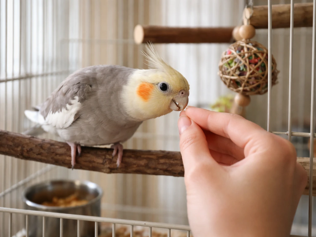 Calm pet bird in a clean cage gently interacting with an owner’s hand and foraging toy