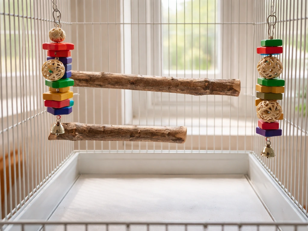 Close-up of a bird cage with neatly spaced perches and toys, leaving clear space for safe play.