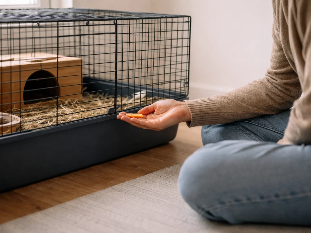 Pet owner seated beside a secure cage, calmly offering a small treat near the door.