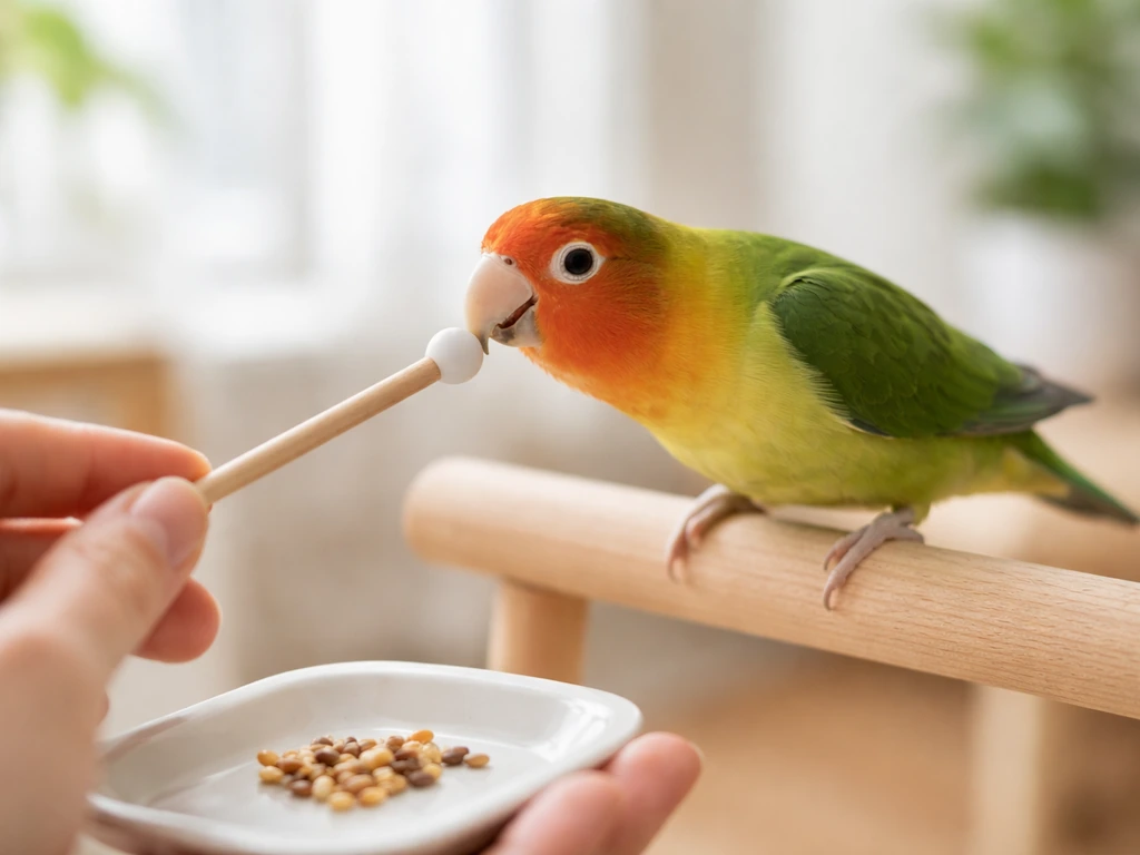 Bird trainer hand presenting a small handheld target for a parrot to touch, with a treat nearby.