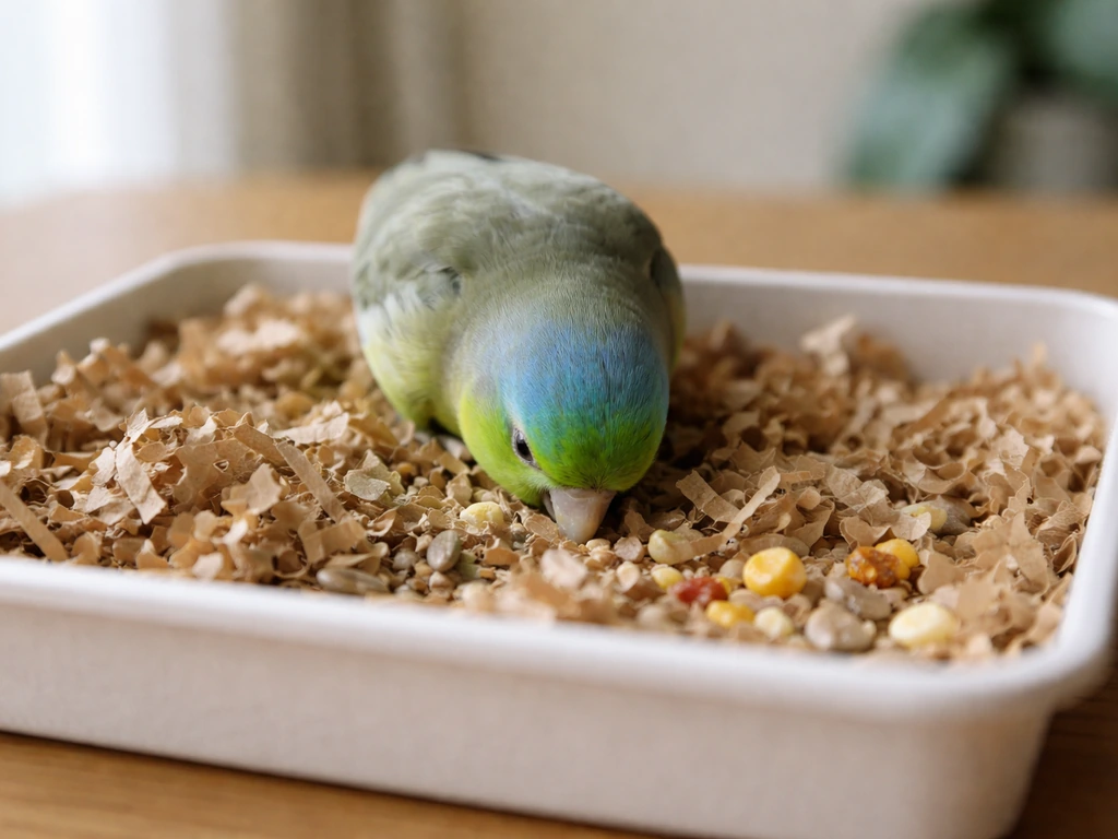 Small pet bird foraging in a shallow tray of paper shreds with scattered treats