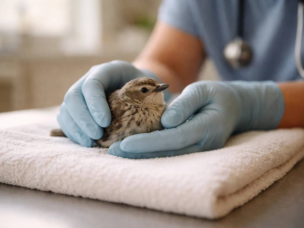 Veterinarian gently supporting a small bird on a soft towel during calm aftercare