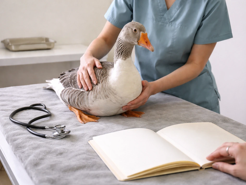 Vet gently examining an ornamental goose in a clean animal-welfare consultation room with a blank file nearby.