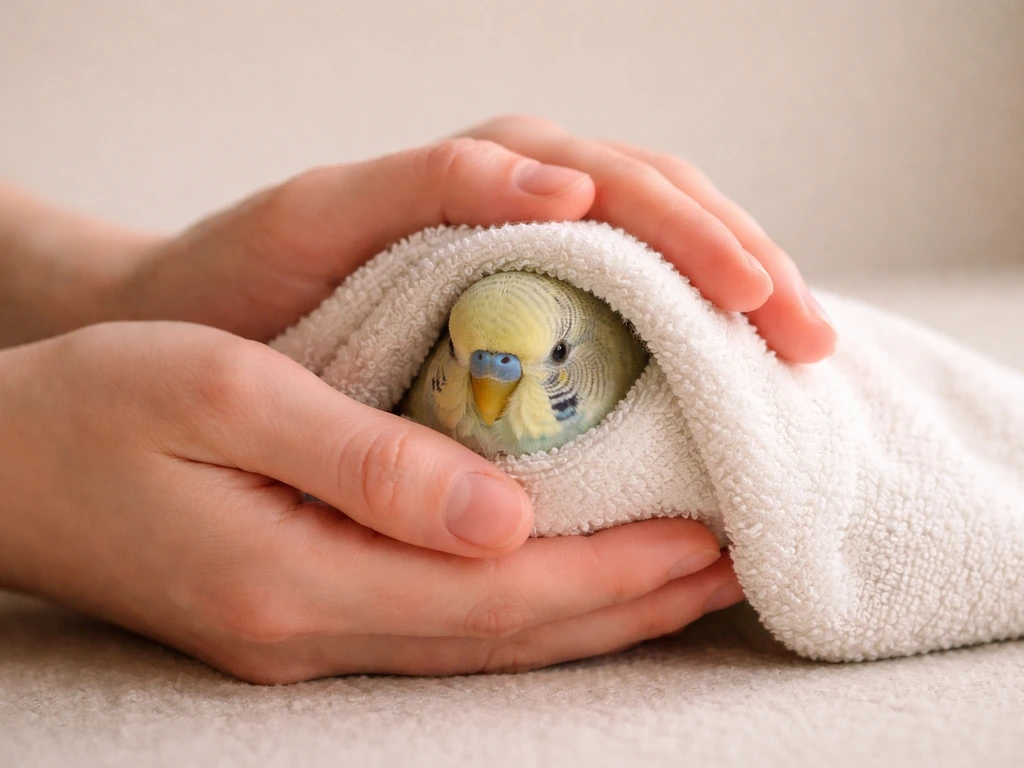 Small parakeet calmly wrapped in a light towel with wings held close by gentle hands.