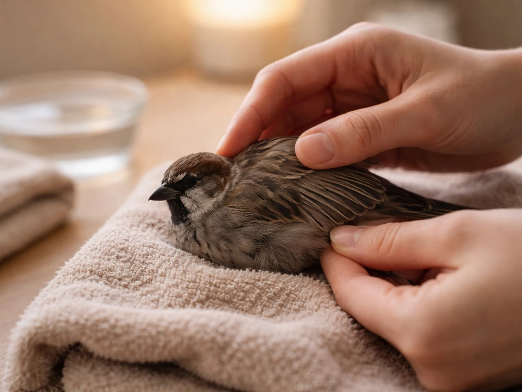 Person gently monitoring a bird’s wing in a quiet, warm setting with calm aftercare care