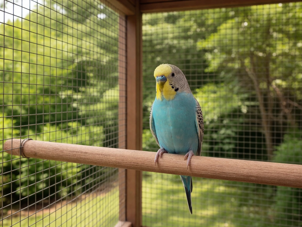 Small pet bird perched inside a net-covered outdoor aviary enclosure in natural light.