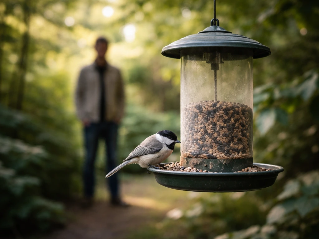 A wild bird calmly feeds at a backyard feeder while a person stays still at a respectful distance