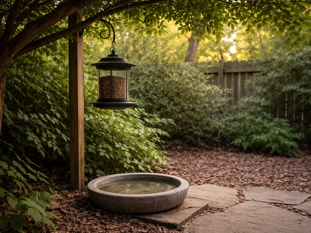 A quiet backyard feeding station with a birdbath and feeder under shelter, nearby cover for safe escape.