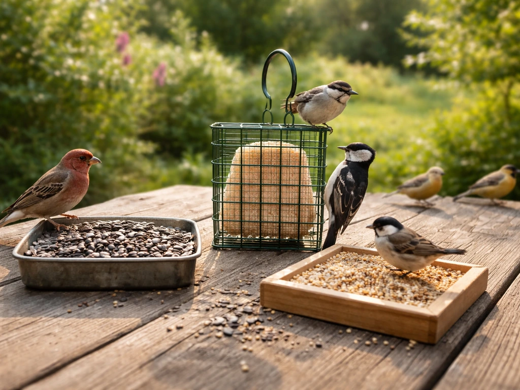 Backyard bird feeding trays showing sunflower seeds, suet, and millet with a blurred garden background.