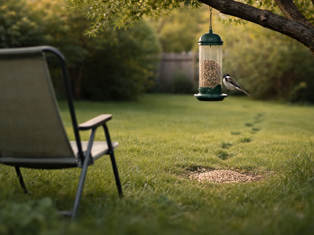 Backyard feeder setup with a calm songbird in view, showing gradual approach with simple staged distances.