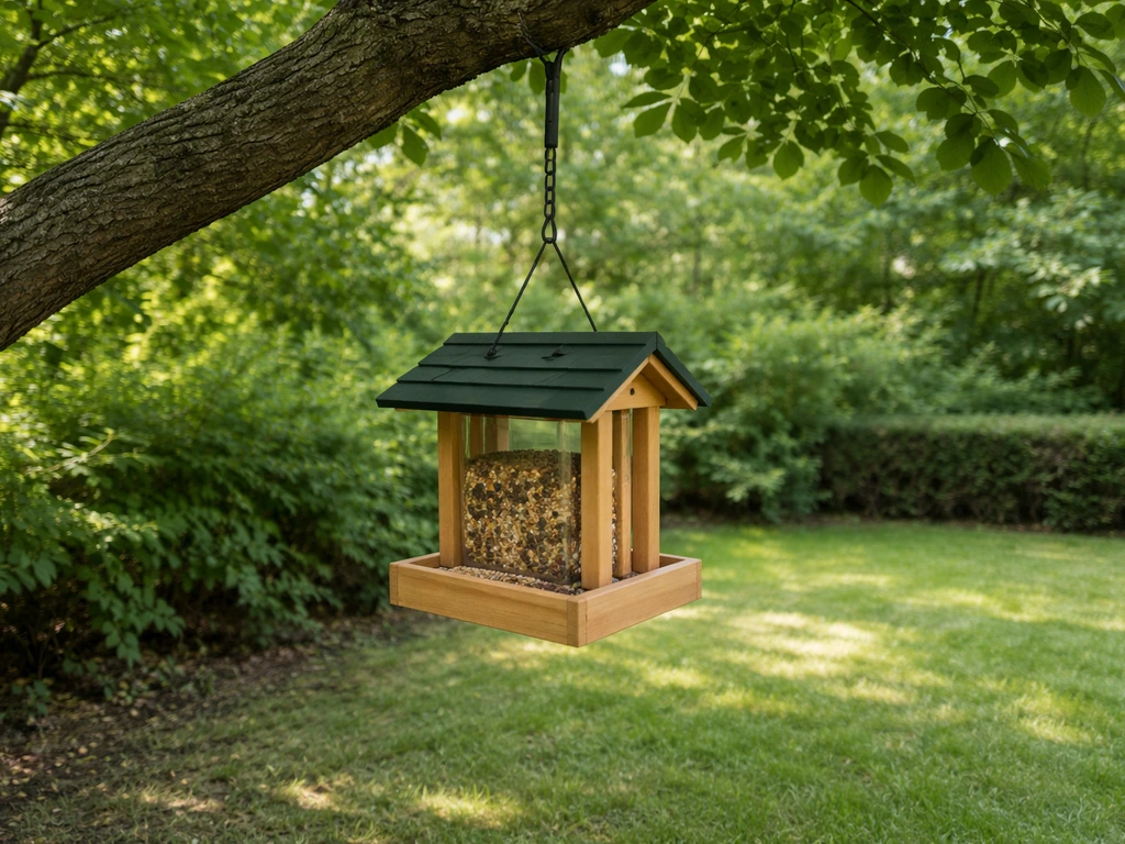 A backyard bird feeder hanging from a branch in open shade, with nearby cover to reduce predator risk.