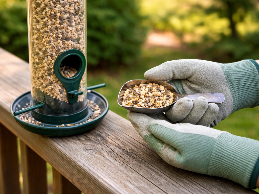Gloved hands holding bird-safe feed near a clean feeder in a quiet garden, with no birds in view.