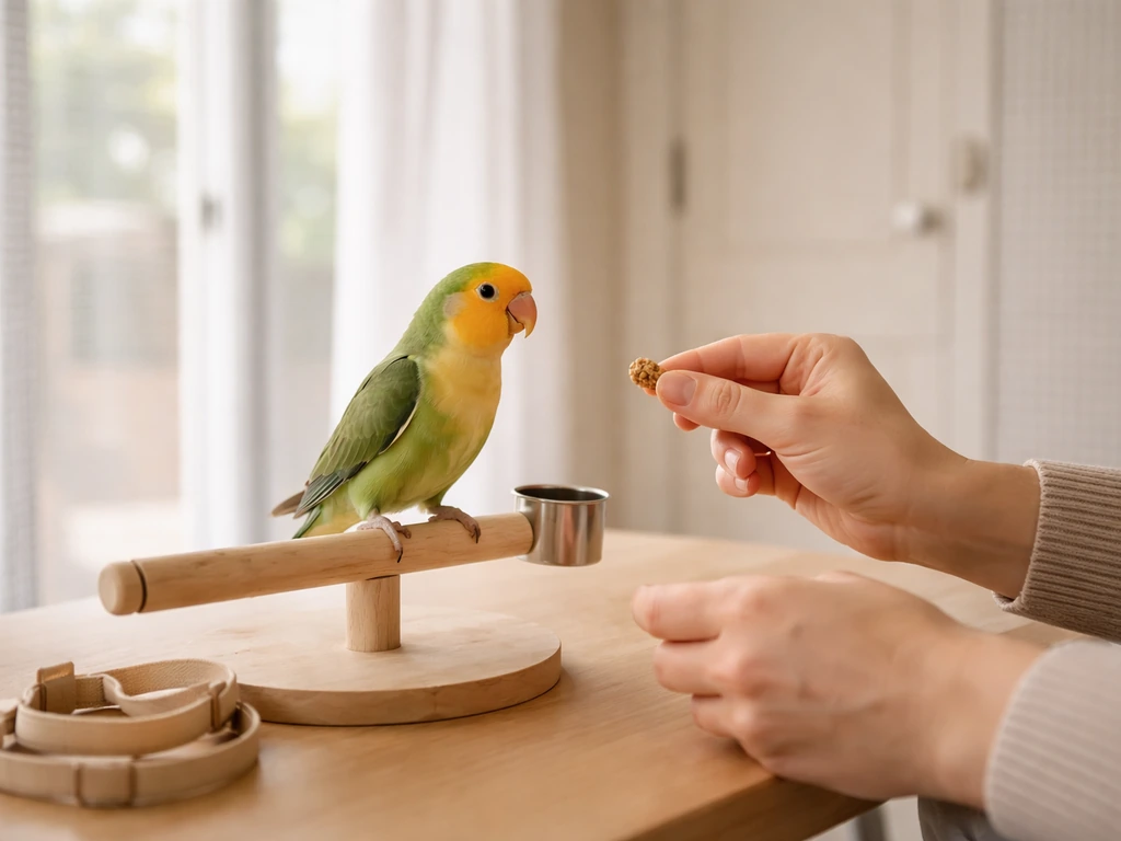 A pet bird perched on a stand with a trainer nearby inside a bird-proofed room