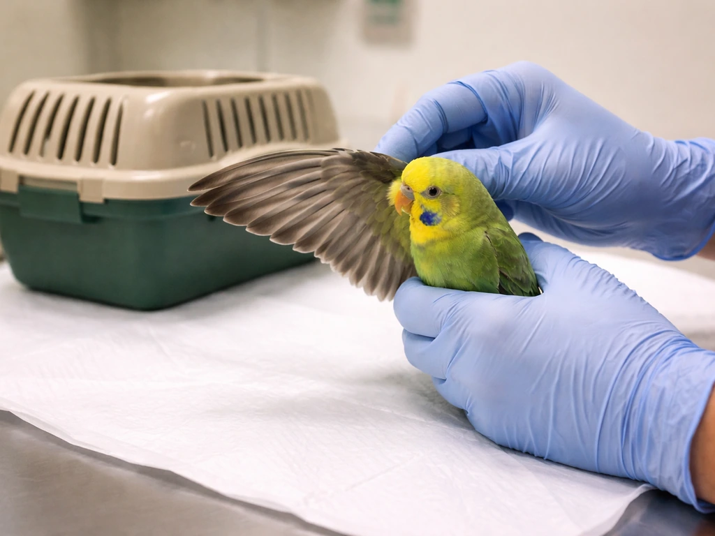 Gloved vet inspecting a bird’s wing feathers on a clean exam table near a closed carrier.