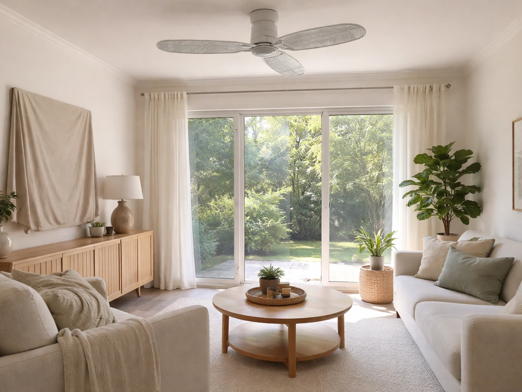 Bird-proofed living room with a ceiling fan turned off and covered, plus treated windows to prevent collisions.
