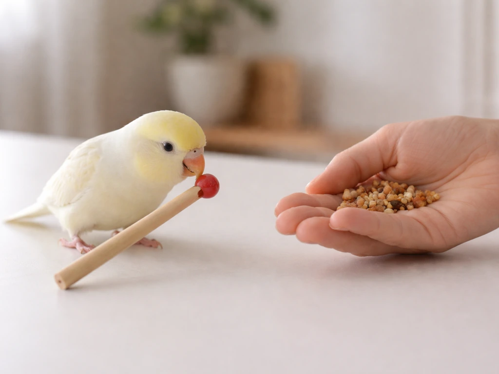 Pet bird beak touching a target stick on a tabletop, with a hand holding treats ready for recall training.