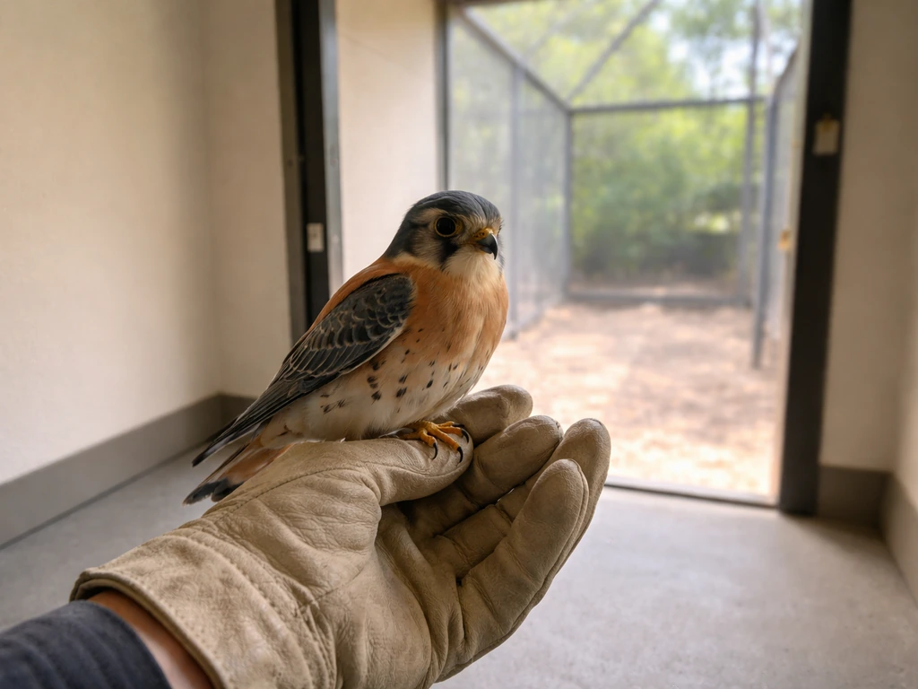 Gloved hands holding a small training bird near an open doorway to an aviary, staged indoor-to-outdoor practice.
