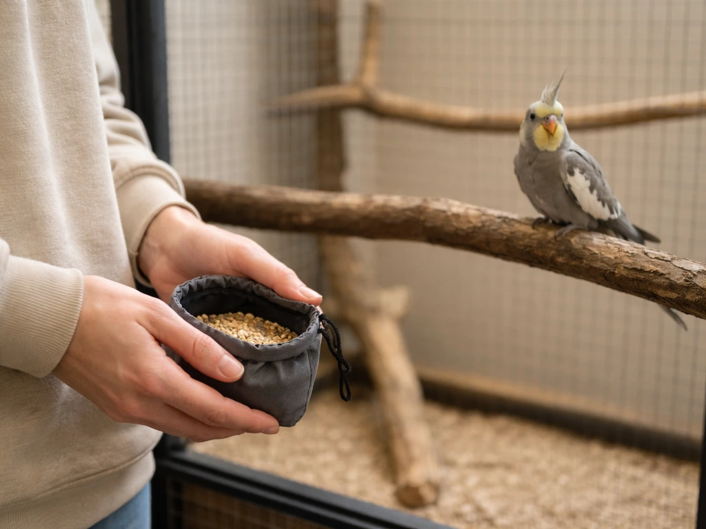 Calm handler hands holding treats beside a perched bird in a quiet indoor aviary.
