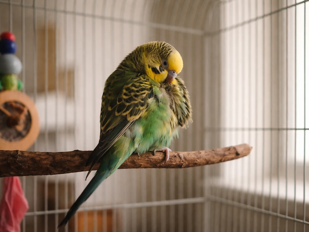 Small parrot perched in a quiet home cage, showing low-energy boredom cues like tail bobbing and feather plucking postur