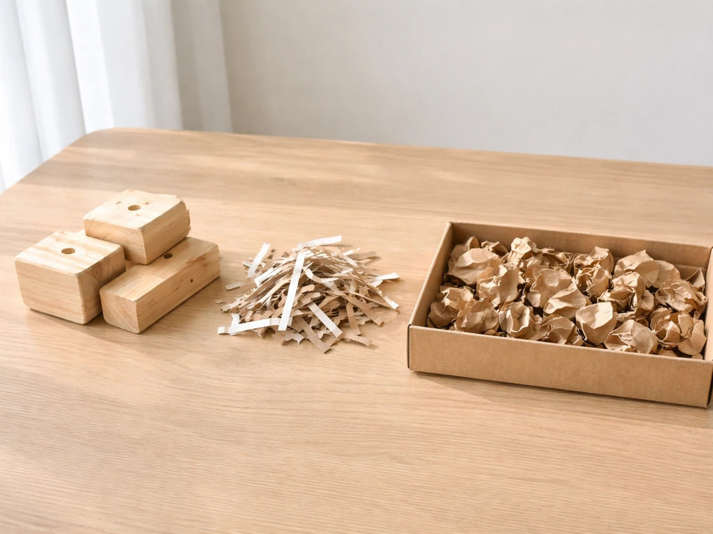 At-home bird enrichment spread with safe toy materials: wood chew blocks, shredded paper, and cardboard foraging trays.