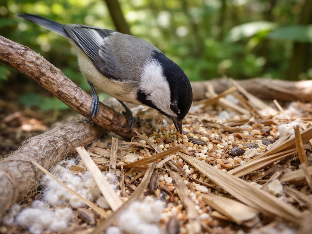 A bird reaches into a simple foraging setup with shredded palm fronds for food rewards