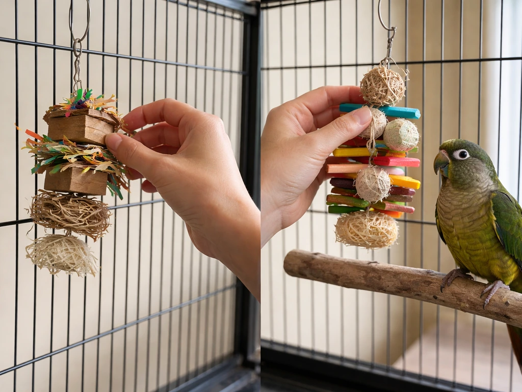 Person calmly adjusting an enrichment toy setup for a pet bird in a simple indoor cage