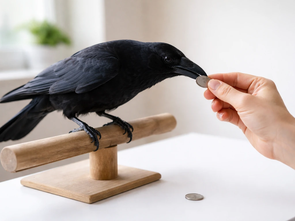 A carrion crow on a perch interacts with a human’s hands holding a metal token for training.
