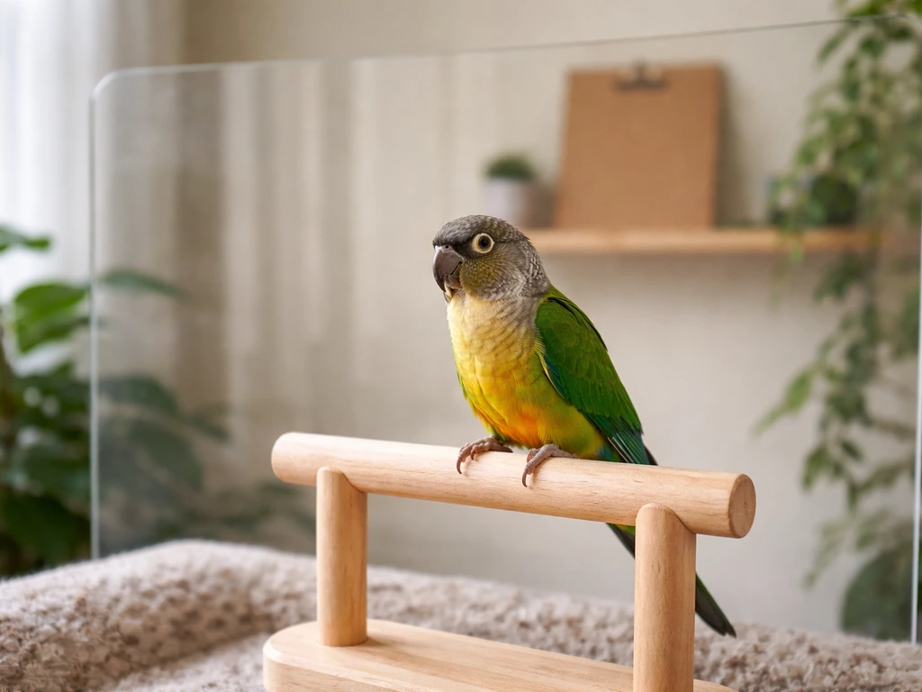 Home aviary training setup with a small parrot on a perch, safety barrier nearby