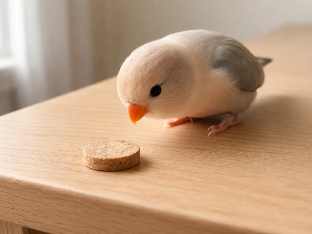 Small bird investigating a single wooden training token on a tabletop for a retrieve cue