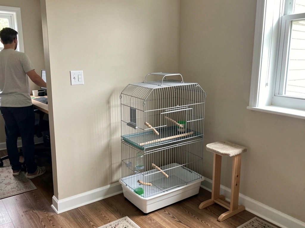 Small bird perched on a stand beside the cage, observing a person reading nearby