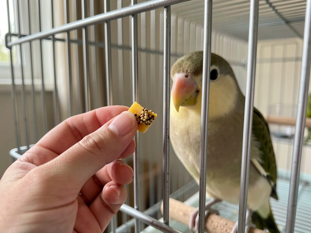 Finger offering a treat through cage bars while the bird stays calm