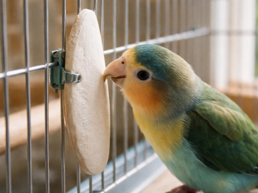 Small pet bird gently approaching a cuttlebone clipped to cage bars, investigating it.