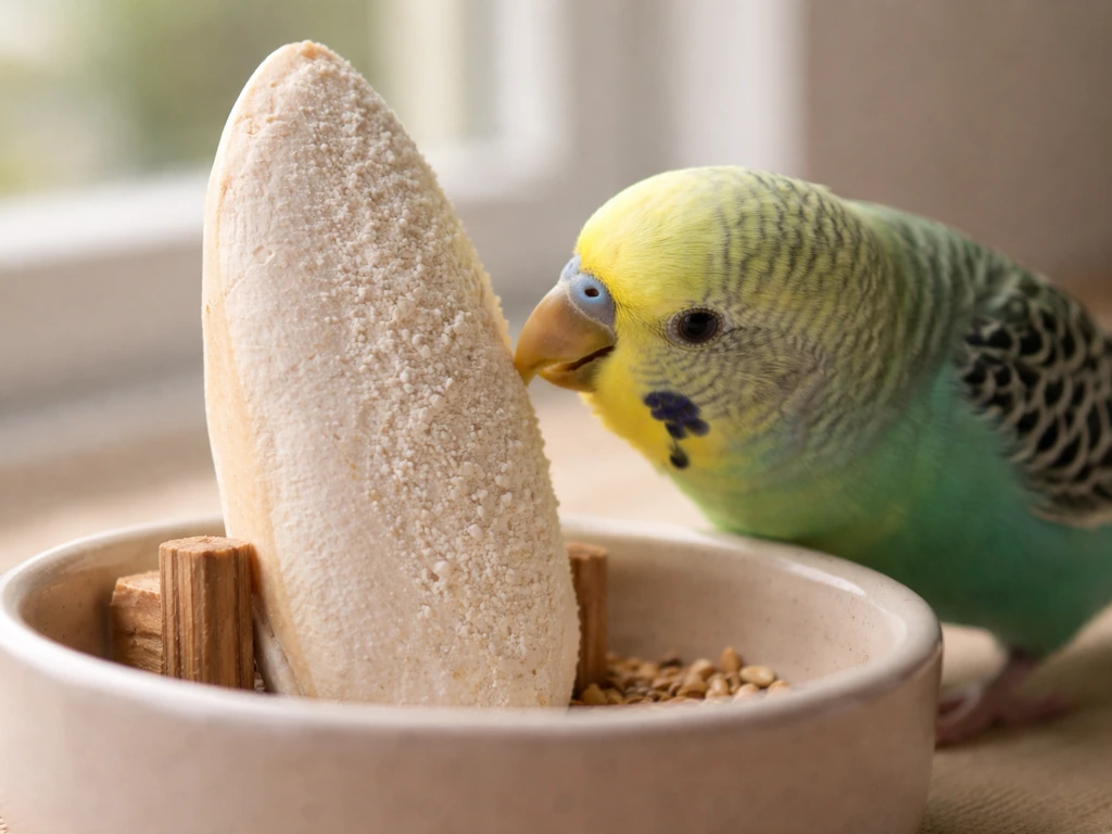 A small bird pecks a cuttlebone, showing its textured calcium surface and beak contact.