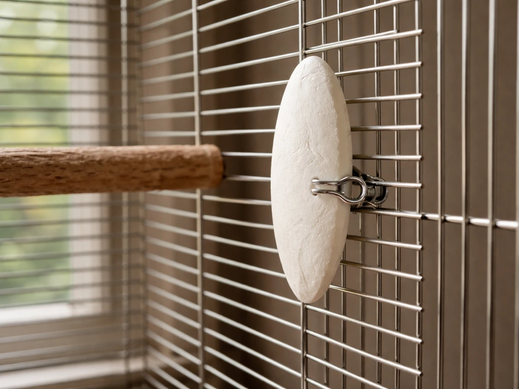 A cuttlebone securely clipped to cage bars at upper perch height inside a parrot cage