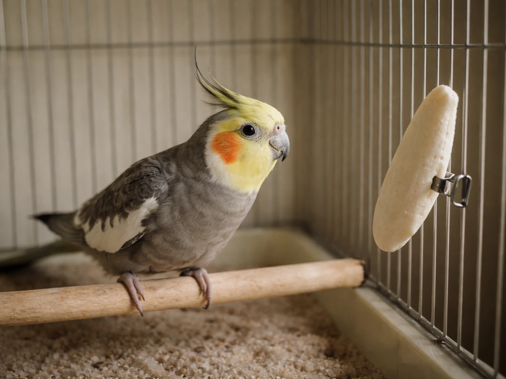 A cautious cockatiel perched near a fresh cuttlebone, alert and slightly startled.