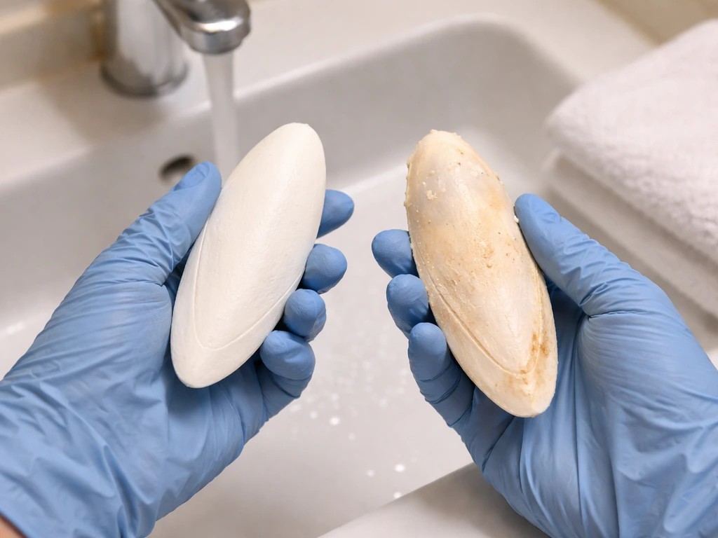 Gloved hands inspecting and swapping a cuttlebone near a sink with clean towel and water nearby.