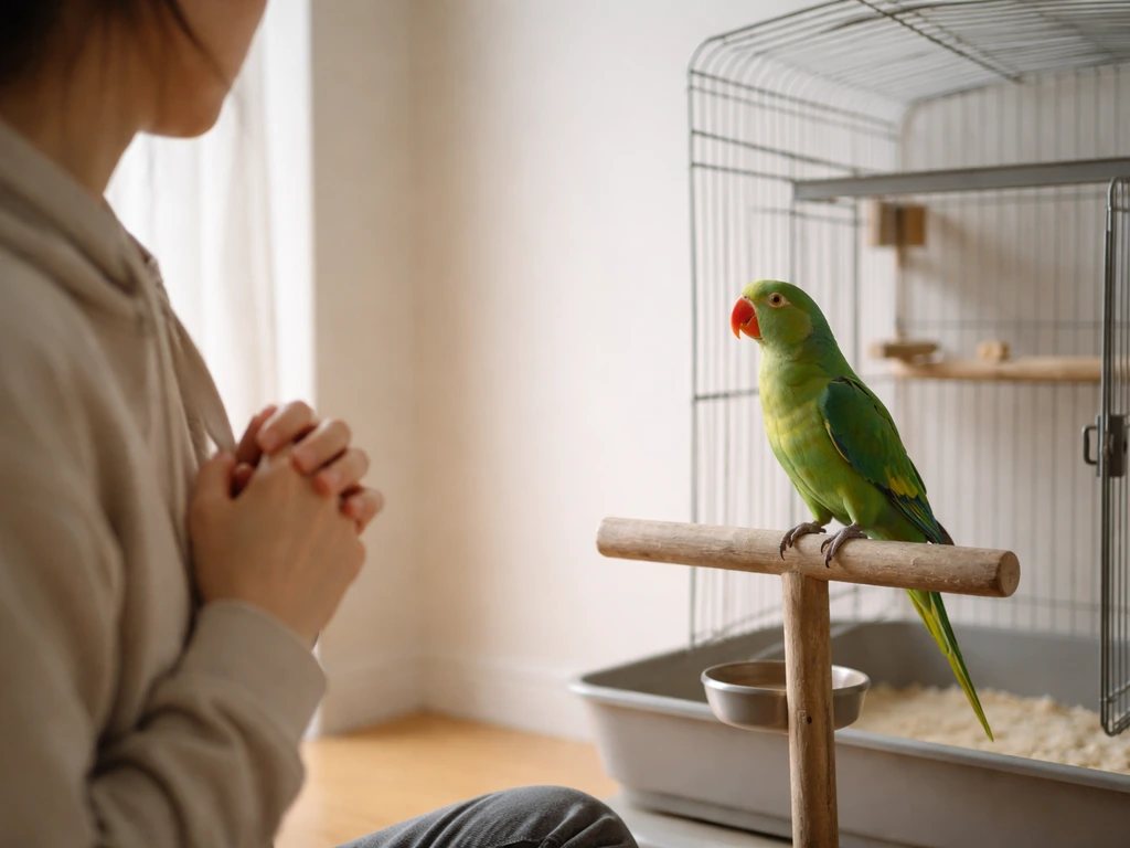 Trainer observing a pet parrot’s body language on a perch beside its cage during a calm fit check.