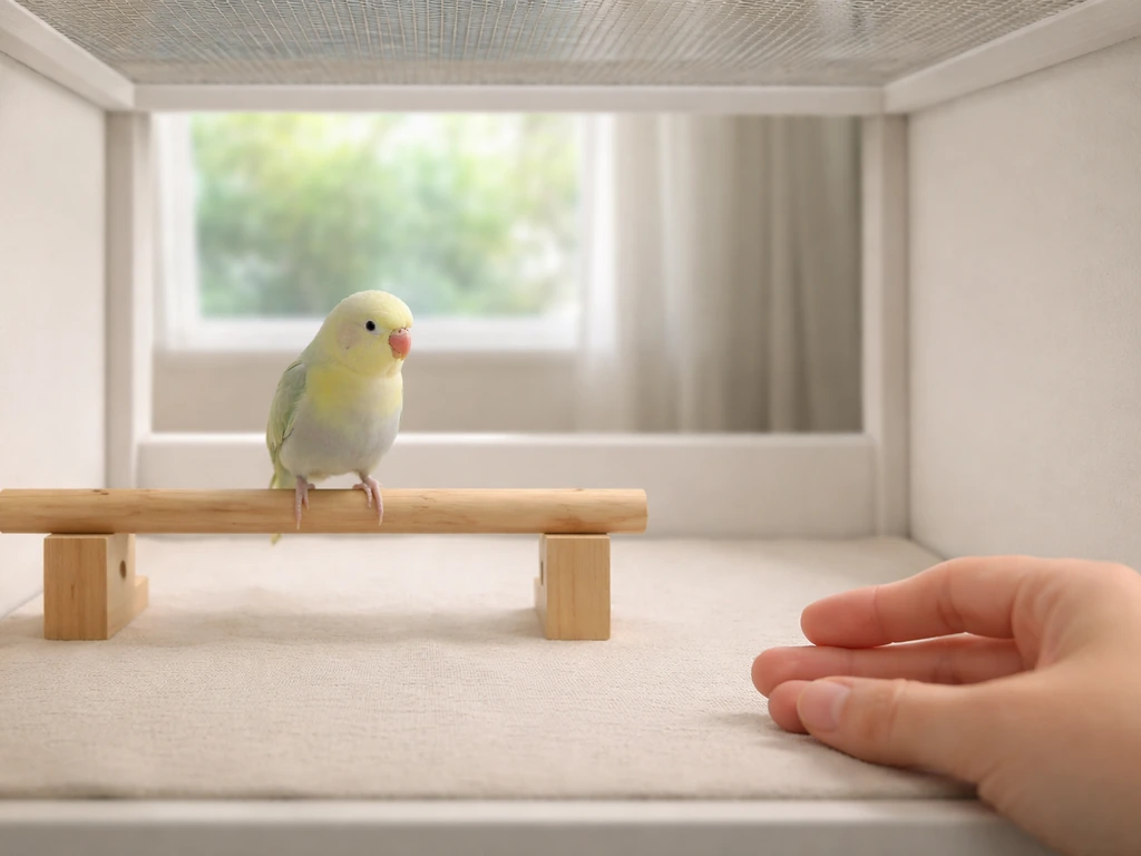 Small bird perched on a wooden dowel inside a quiet enclosed training space with minimal clutter.