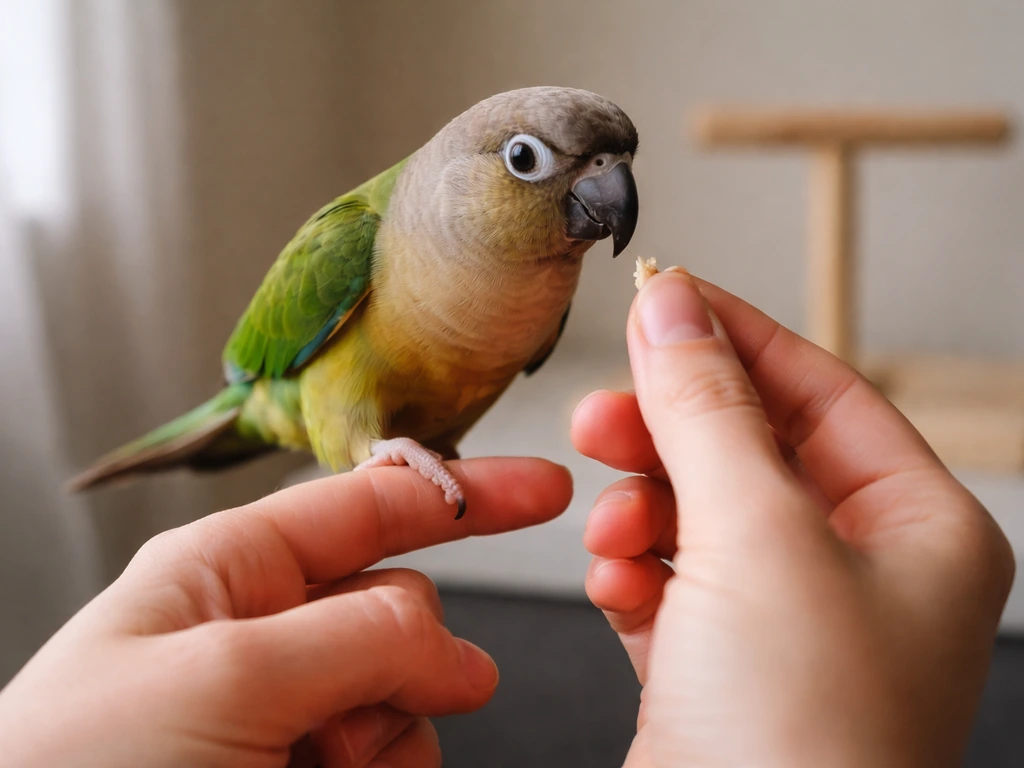 Small parrot stepping onto a trainer’s finger during a quiet, beginner perch training moment.