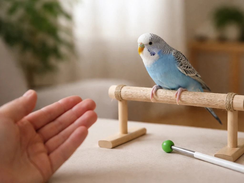 Small parakeet on a perch with a trainer’s hand withdrawn, showing an alert moment and a ready target stick.