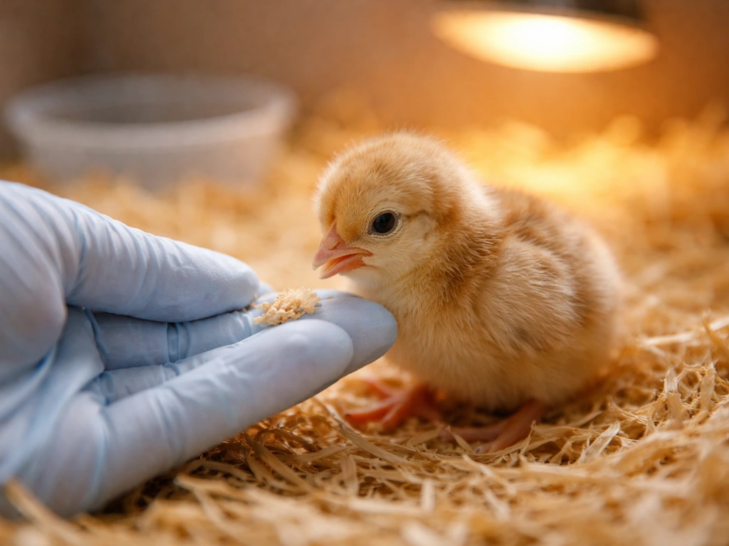 Gloved hand gently feeding a fluffy baby chick in a clean, secure brooder setup under warm light.