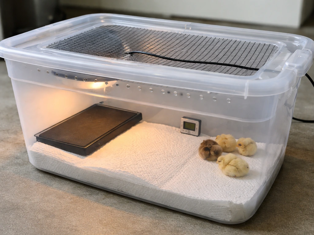 A plastic-tote chick brooder lined with paper towels, with a heat source and a visible thermometer sensor.