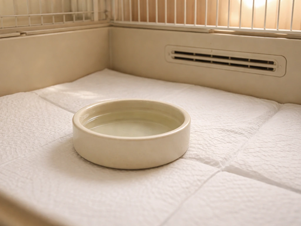 Shallow dish of warm water near an animal enclosure with gentle airflow, avoiding drafts
