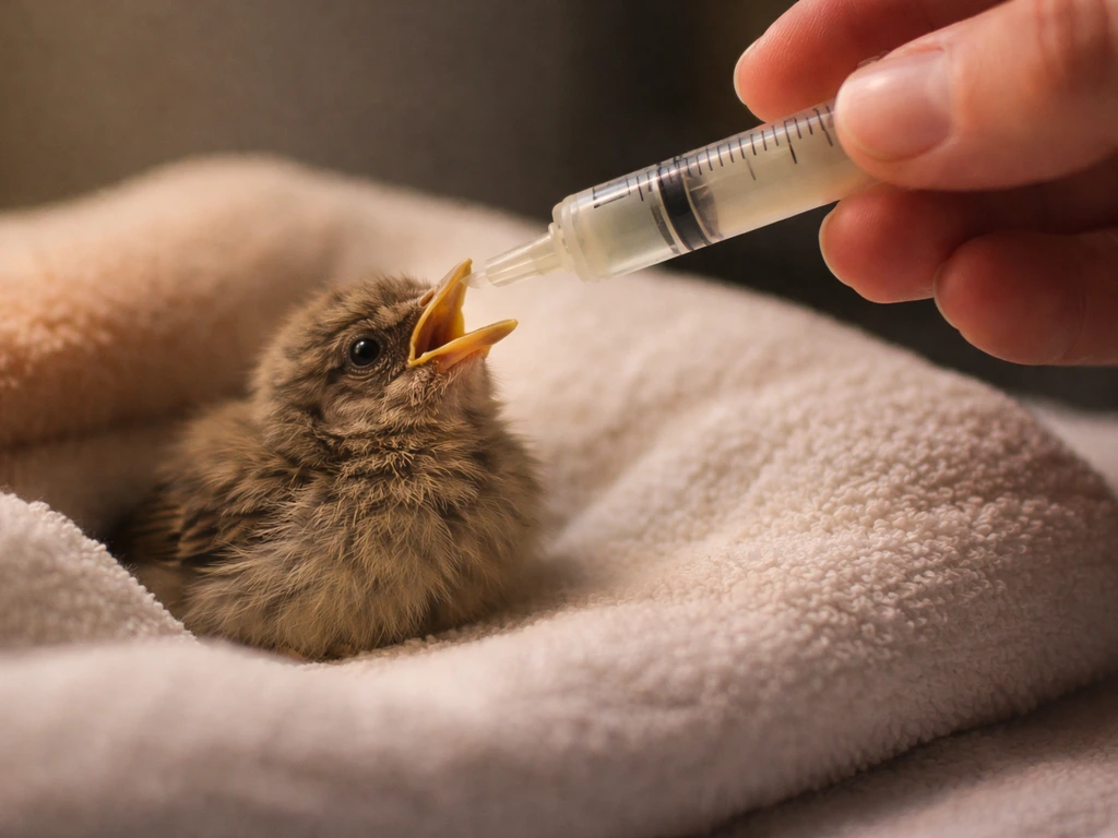 Warm small hand-fed bird resting safely as a syringe feeding tool is poised nearby