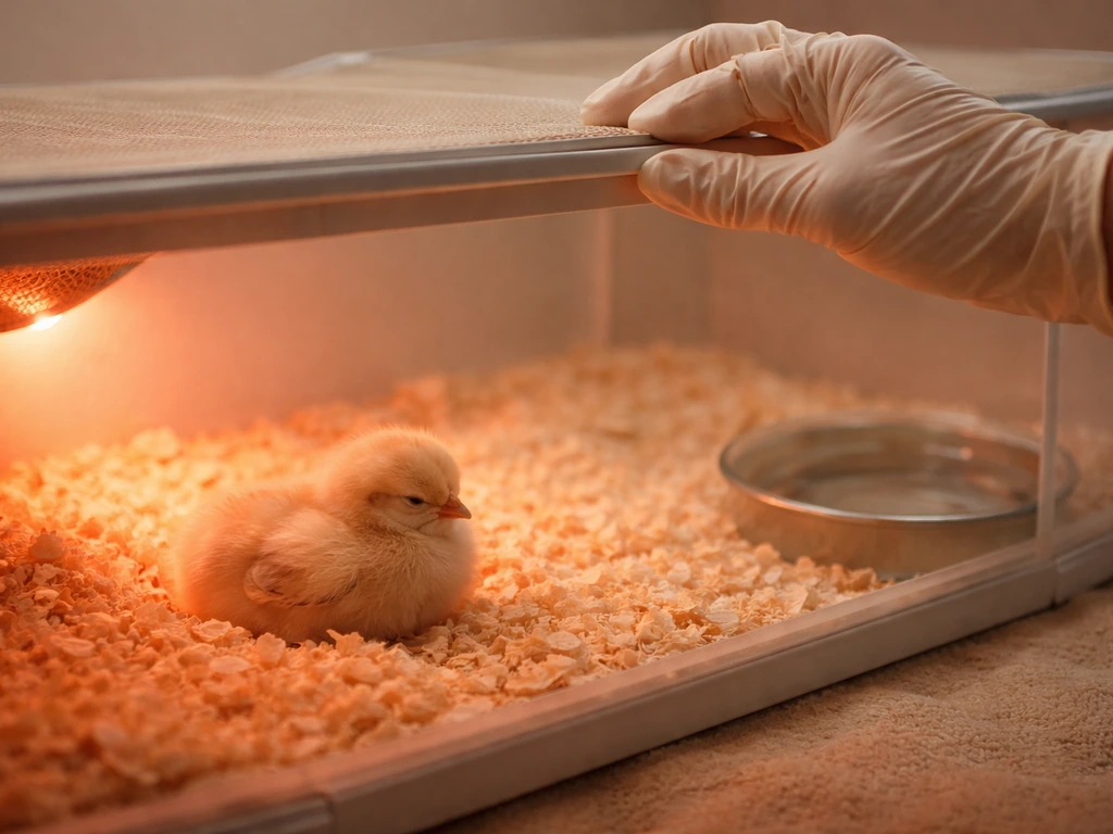 A small chick in a clean brooder near gentle heat, with supervision from a gloved hand.