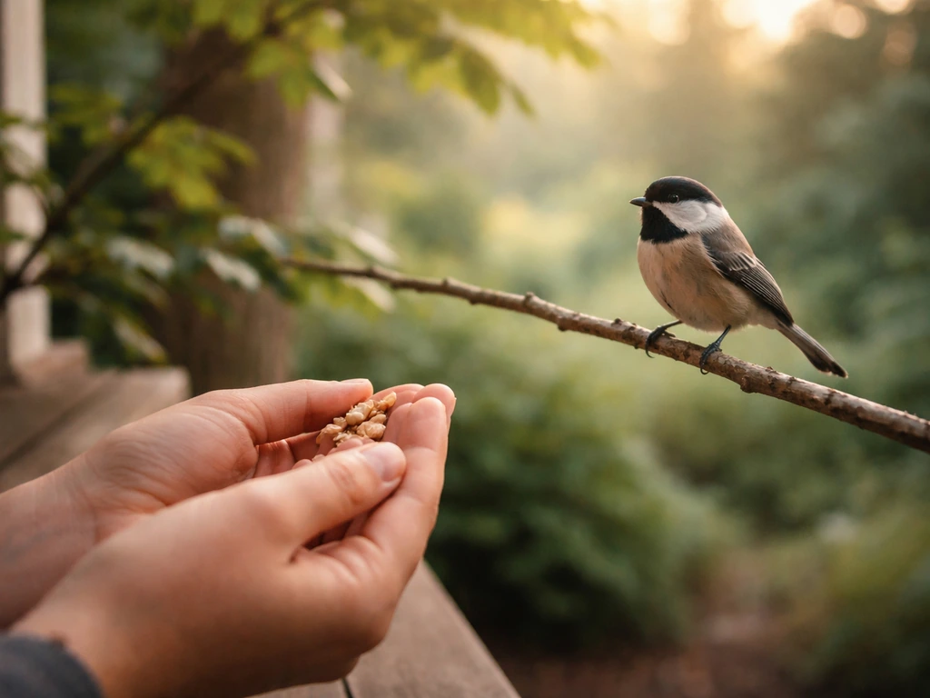 Hands held at a safe distance offering food to a small wild bird perched outdoors